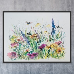 Bees and Wildflowers Watercolour Art Print, Watery Abstract Bumblebee and Florals Wall Art Print