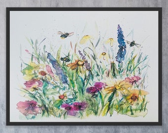 Impression d'art aquarelle abeilles et fleurs sauvages, impression d'art mural bourdon abstrait aqueux et fleurs
