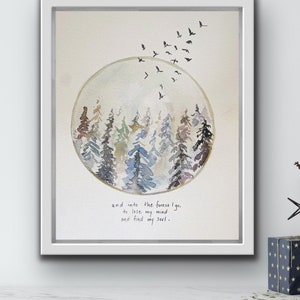 Entro en el bosque con acuarela, pintura de árbol y pájaro melancólico, arte de pared con letras a mano abstractas sobre árboles de la naturaleza, letrero de bosque con árboles