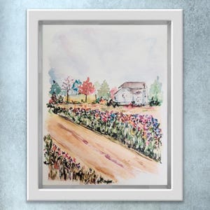 Stampa ad acquerello con fiori di campo, paesaggio di campagna, stampa murale ad acquerello con paesaggio di campagna da sogno, splendido paesaggio rustico floreale
