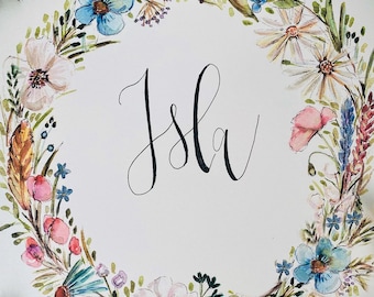 Personalized Watercolour Name Floral Wreaths, Custom Name Floral Painting Wreath Print, Name Hoop Wall Art