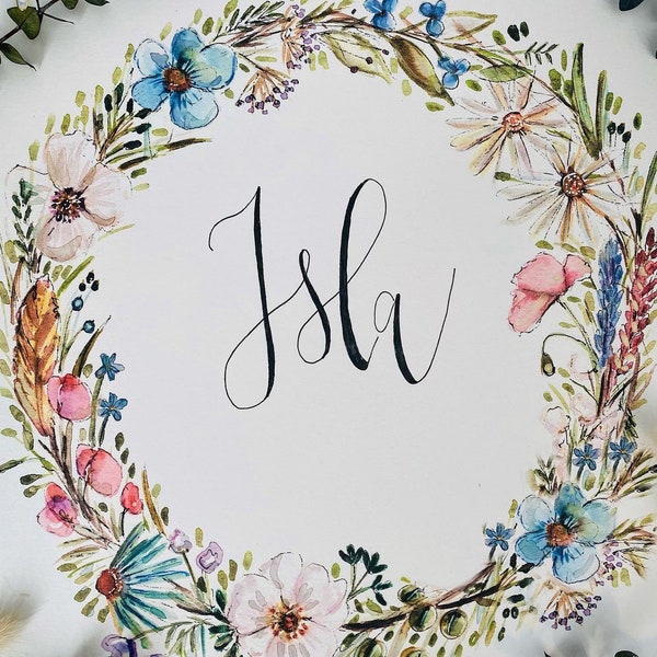 Personalized Watercolour Name Floral Wreaths, Custom Name Floral Painting Wreath Print, Name Hoop Wall Art