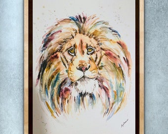 Colourful Watercolour Lion Print, Abstract Lion Painting, Jewel Colour Lion, Lions Mane Painting, Rainbow Style Lion