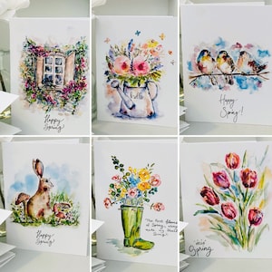 Tarjetas de feliz primavera, tarjetas de acuarela de Hola primavera, lindos saludos de primavera, tarjetas con pájaros, botas, ventanas y regaderas, paquete de 6 tarjetas plegadas de primavera
