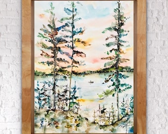 Sunset Algonquin Watercolor Art, Watercolour Algonquin Canoe Print, Cottage Watercolour Sunset Wall Print, Forest Rocks Trees Sunset