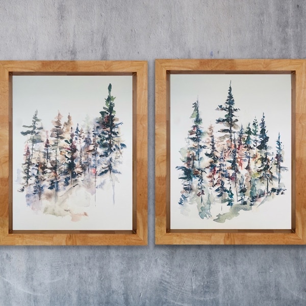 Set Two Watercolor Evergreen Boho Prints, Watercolor Trees Neutral Decor Art, Earthy Forest Scenery Art, Nature Forest Lover Artwork