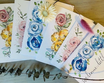 Welcome Baby Cards, Pack of 6 cards, Hello baby, Floral Cards, Newborn Greeting, Watercolour Floral Cards, Card Bundle