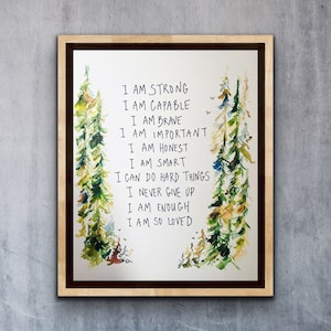 Io sono un ragazzo che afferma, cartello acquerello, sono capace, sono forte, sono così amato, albero di incoraggiamento, arte murale per camera da letto, cartello con bordo floreale
