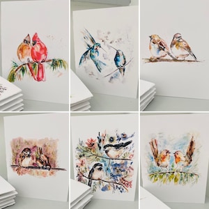 Bundle de cartes aquarelle oiseau, carte mésange, carte cardinal, carte moineau, carte rouge-gorge, carte de voeux colibri, cartes deux oiseaux