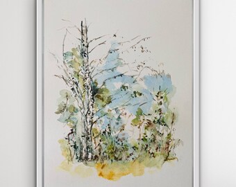 田園地帯の白樺の木々の水彩画プリント、白樺の木の絵と田園風景の