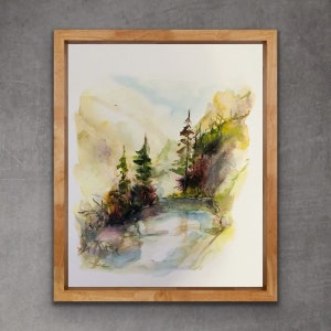 Watercolour Trees and Lake Art Print, Watercolour Forest and Lake Illustration