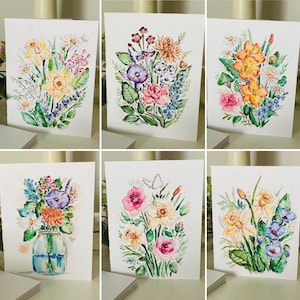 Bouquet Cartes vierges aquarelles florales, Cartes de voeux illustrées de fleurs vierges, Cartes aquarelles florales de naissance colorées, Mélange de fleurs sauvages