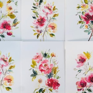 6 Pack Pink Rose and Leaves Watercolour Floral Cards, Blank Watercolour Pink Yellow Rose Greeting Cards, Wedding Thank You Elegant Florals