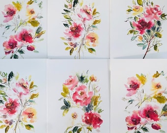 Lot de 6 cartes florales aquarelles roses et feuilles, cartes de voeux aquarelle vierges roses jaunes roses, fleurs élégantes de remerciement pour mariage