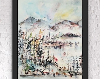 Watercolour Pastel Mountain Reflection Forest Wall Art, Colourpop Mountain Scene Art, Watercolor Dreamy Tree Print