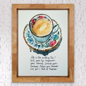 Das Leben ist wie eine Tasse Tee Aquarell Teetasse Druck, Zucker an der Unterseite Kaffeebar Druck Zitat Schild, Ermutigung Schild