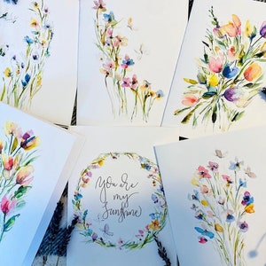 Watery Floral and Butterfly Folded Card Bundle, Blank Watercolour Floral and You Are My Sunshine Greeting Cards, 6 pack Flower Cards