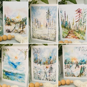 Cartes aquarelle oniriques, paquet de cartes aquarelle paysage arbre et lac, cartes de voeux chemins et arbres, cartes forêt vierges pliées