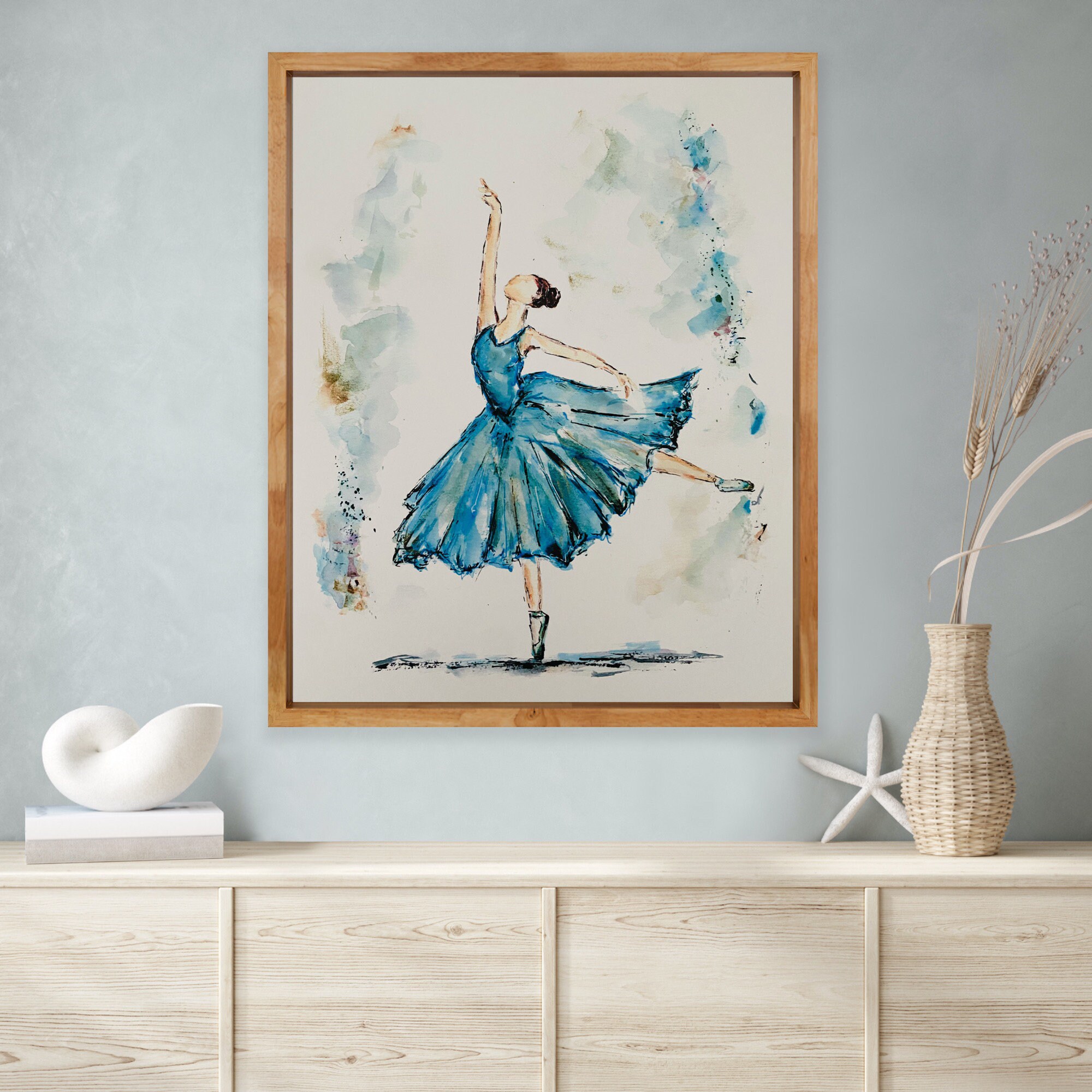 踊るバレリーナのブルードレスプリント、バレリーナの水彩画