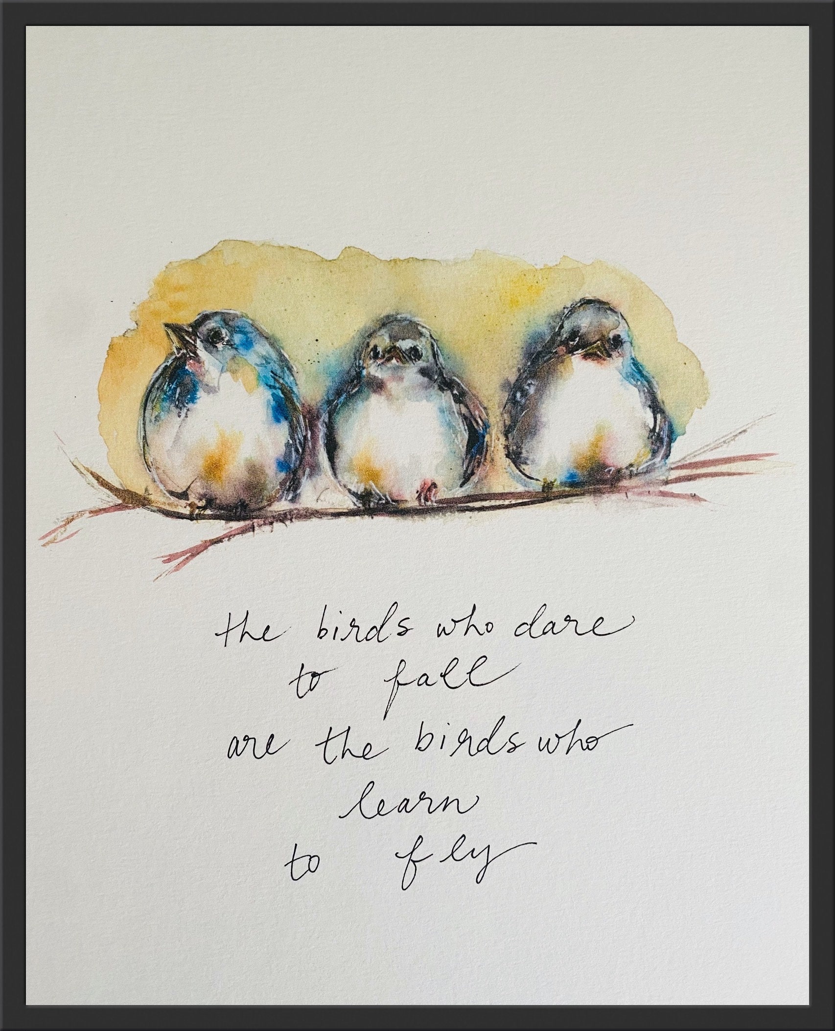 Aquarelprint, handlettering citaat met drie mollige vogels print The Birds  Who Dare To Fall zijn de vogels die leren vliegen - Etsy België, image size:1706x2106