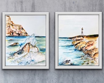 Lighthouse and Waves Watercolour Duo,  Two Coastal Prints, Rocky Island and Lighthouse Paintings, Wave Artwork