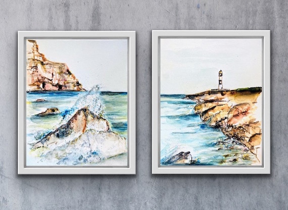 灯台と波の水彩画デュオ、海岸の版画 2 点、岩の多い島と灯台の 灯台と波の水彩画デュオ、海岸の版画 2 点、岩の多い島と灯台の