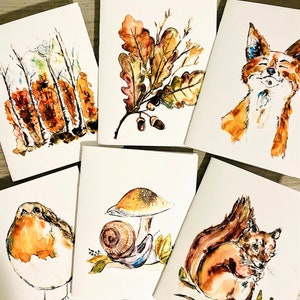 6 blanco kaarten met aquarel herfst bosthema, herfstkunstillustraties, wenskaarten bosdieren en bomen, kaarten Thanksgiving