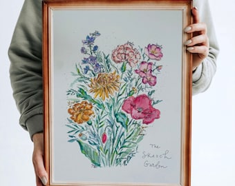 Pittura floreale personalizzata per la famiglia dei fiori di compleanno ad acquerello, pittura floreale della famiglia con data di nascita, arte floreale personalizzata, design originale dipinto a mano