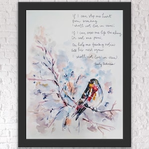 Se riesco a impedire che un cuore si spezzi, non vivrò invano Stampa di Emily Dickinson, acquerello, poesia e arte murale con uccelli