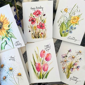 Happy Birthday Floral Design Watercolour Folded Cards, Pack of 6 Folded Floral Birthday Greeting Cards, Watercolour Flower Art Cards