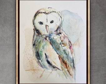 シロフクロウの絵画 冬の鳥 水彩画 アートプリント 野生動物 ウォール