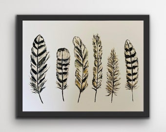 Horizontal Blacks and White Line Up of Feathers, Watercolour Neutral Feather Art Print, Assorted Watercolour Feather Wall Print