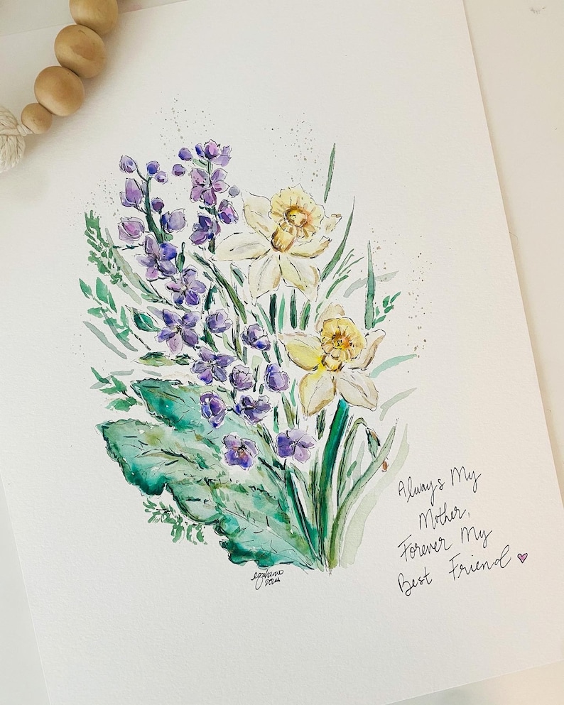 May include: Watercolor painting of a bouquet of purple and yellow flowers with green leaves. The text "Always My Mother Forever My Best Friend" is written in cursive at the bottom right corner of the painting.