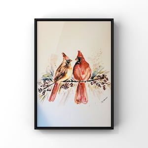 水彩画の雄と雌の冬のカーディナルのプリント、冬のベリーのカーディナルの絵画、クリスマスの鳥の壁アート、枝にとまった2羽のカーディナル