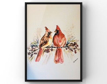 Watercolour Male and Female Winter Cardinal Print, Winter Berries Cardinal Painting, Christmas Birds Wall Art, Two Cardinals On A Branch