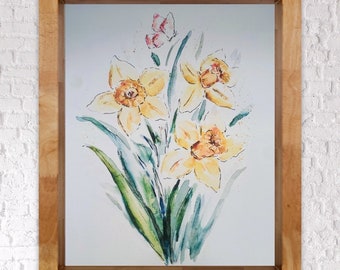 Estampado floral de narcisos para nacimiento en marzo, arte mural de acuarela de tres narcisos, estampado de primavera de cumpleaños con narcisos, ilustración de narcisos amarillos