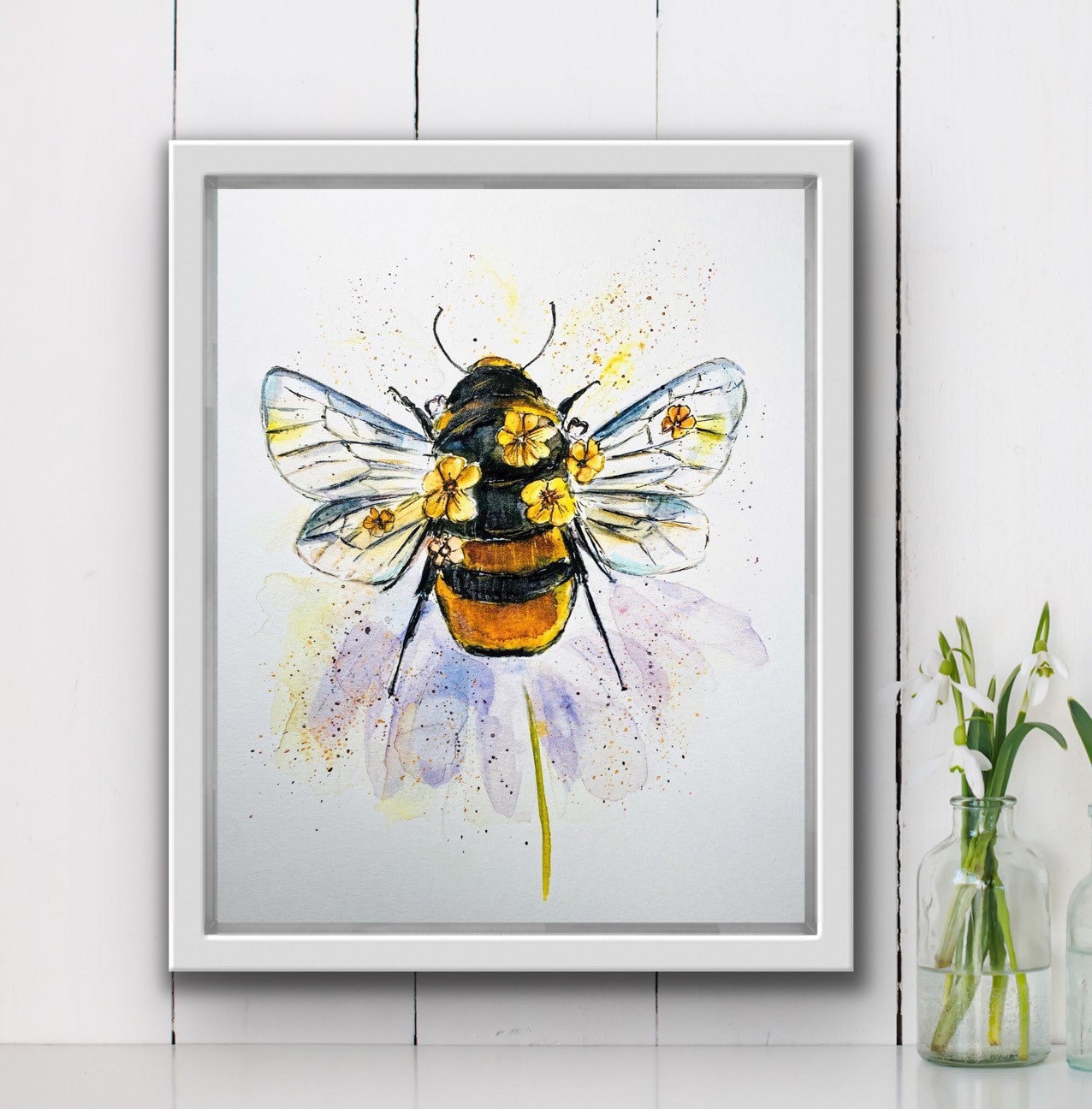 マルハナバチの水彩画、マルハナバチの花のデザインのウォールアート