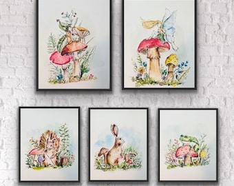 Set of 5 Whimsical Fairy Elf Bunny Toad and Squirrel Watercolor Prints, Magical Mushroom and Fairy Garden Art Prints, Whimsical Mushroom Art