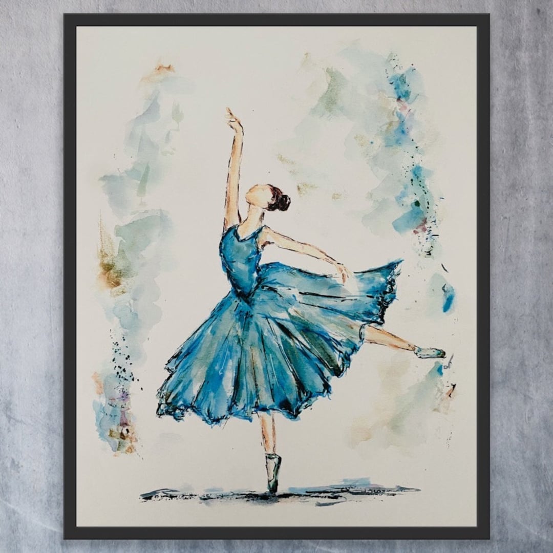 踊るバレリーナのブルードレスプリント、バレリーナの水彩画
