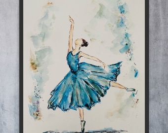 May include: Watercolour painting of a ballerina in a blue tutu, with a light blue background and white accents.