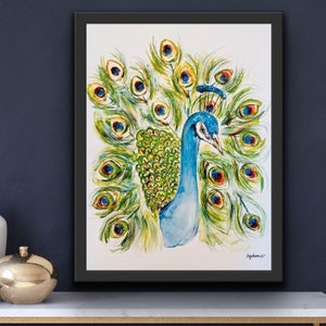 Peacock Watercolour Vibrant Print, Peacock Feather Wall Art, Green and Blue Peacock Bird Artwork