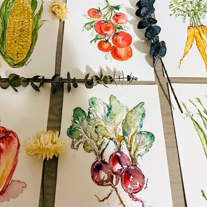 Tarjetas de felicitación con vegetales, tarjetas en blanco con vegetales, tarjetas de acuarela para jardineros, maíz, frijoles, zanahorias, tomates, pimientos, remolachas