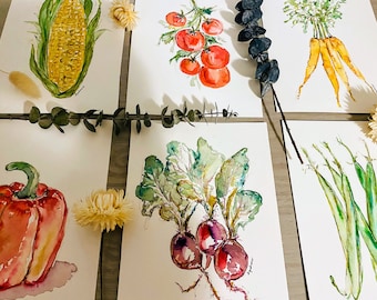 Vegetable Greeting Cards, Veggie Blank Cards, Watercolor Gardener Cards, Corn, Beans, Carrots, Tomatoes, Pepper, Beets