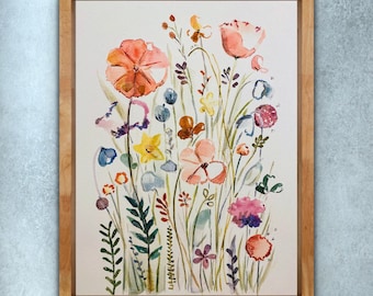 Whimsical Wildflower Warm and Light Print, Dreamy Watercolour Wildflower Print, Stemmed Wildflower Print, Field of Wildflowers