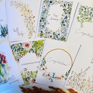 Pacote com 8 cartões sortidos de parabéns para bebês, cartões de aniversário, cartões de parabéns de casamento e genéricos, mistura de cartões de aquarela