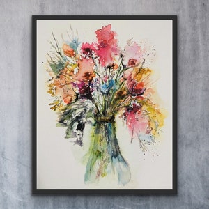 ColourPop aquarel bloemenvaas, heldere leuke aquarel vaas bloemenprint, verse bloemen muurkunst