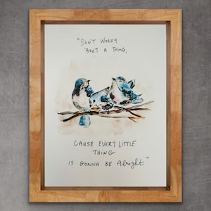 Maak je geen zorgen, want alles komt goed, Bob Marley Three Birds Print, Blue Birds Art Print, aquarel vogels