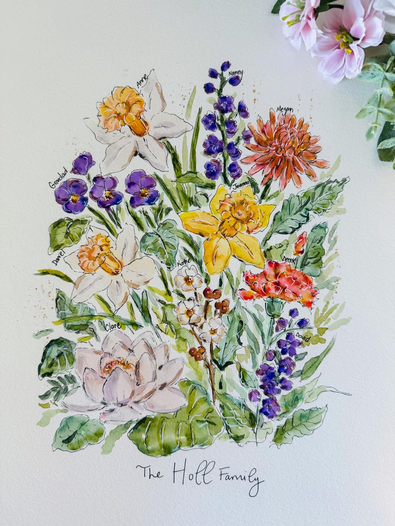 May include: A watercolor painting of a bouquet of flowers with each flower representing a family member. The flowers include daffodils, carnations, pansies, lilies, and a chrysanthemum. The text "The Holl Family" is written at the bottom of the painting.