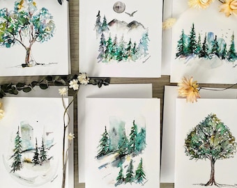 Forest Nature Blank Cards, Tree Paintings, Watercolor Forest Stationary, 6 pack Scenery Cards, Watercolour Artwork Cards, Mountain Card