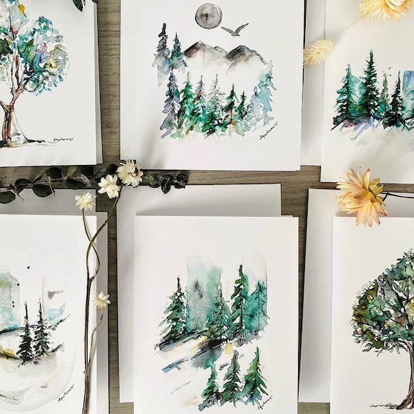 Forest Nature Blank Cards, Tree Paintings, Watercolor Forest Stationary, 6 pack Scenery Cards, Watercolour Artwork Cards, Mountain Card